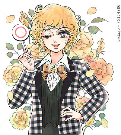 昭和の少年愛漫画風 マル札を持つ笑顔の美少年 花背景のイラスト素材
