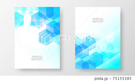 Annual report design template. Blue hexagon, abstract background. 75155385