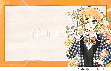 昭和の少年愛漫画風・指示棒を持つあきれ顔の美少年・花とフレーム 75155436