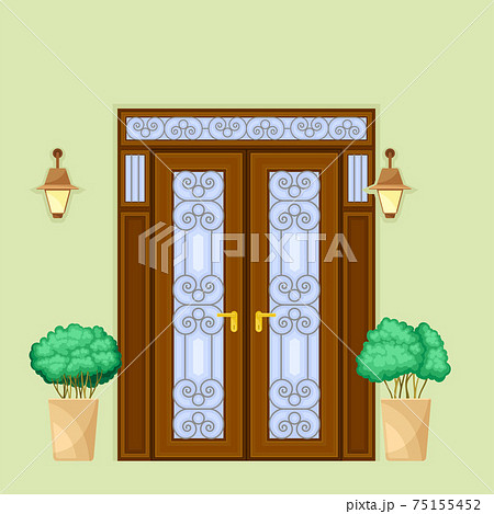 Facade of Front Double Door with Decorative Bushes in Cachepot and Light Vector Illustration Facade of Front Double Door with Decorative Bushes in Cachepot and Light Vector Illustration 75155452