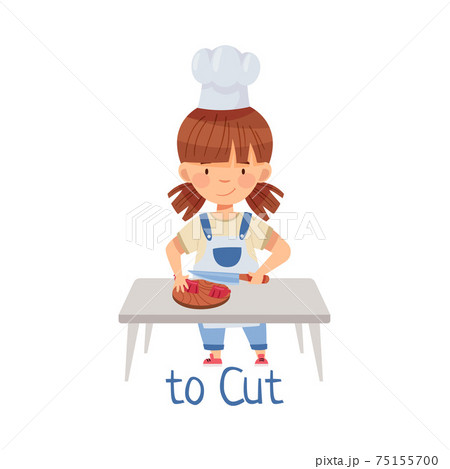 Pretty Little Girl in Apron at Kitchen Table Cutting with Knife Vector Illustration Pretty Little Girl in Apron at Kitchen Table Cutting with Knife Vector Illustration 75155700