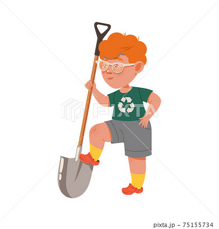 Little Boy with Shovel Engaged in Planting and Gardening Work Vector Illustration 75155734
