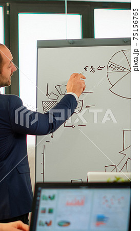 Professional business coache company leader teacher offering flip chart presentation Professional business coache company leader teacher offering flip chart presentation 75156765