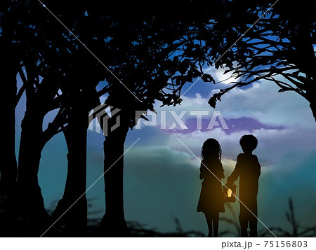 月明かりと漂う雲森の中を彷徨い歩くランプを持った兄と怖がる妹のイラスト素材