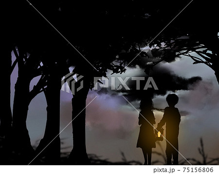 月明かりと漂う雲森の中を彷徨い歩くランプを持った兄と怖がる妹の切り絵風イラスト 75156806