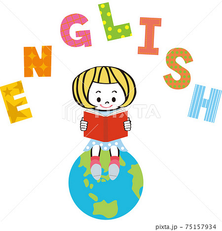 地球に座って英語の勉強をする女の子のイラスト素材