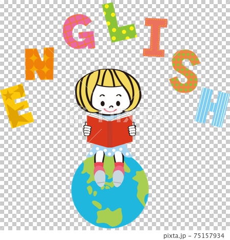 地球に座って英語の勉強をする女の子のイラスト素材 地球に座って英語の勉強をする女の子のイラスト素材