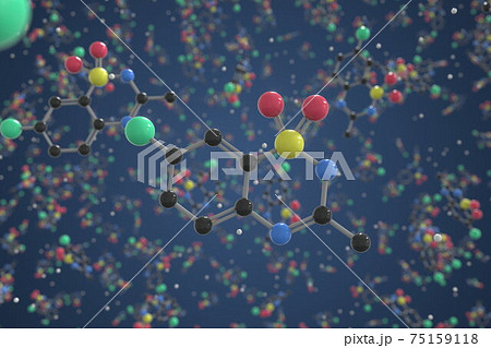 Diazoxide molecule. Ball-and-stick molecular model. Chemistry related 3d rendering Diazoxide molecule. Ball-and-stick molecular model. Chemistry related 3d rendering 75159118
