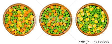 Mixed vegetables in wooden bowls. Three mixes of green peas, corn and carrot cubes. Mix of peas, carrots cut in cubes and vegetable maize, also called sugar or pole corn. Close up, macro, food photo. 75159595