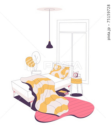Home bedroom interior drawn in pink and yellow. Bed, bedside table with alarm clock, closed window. Nobody inside the room 75159728