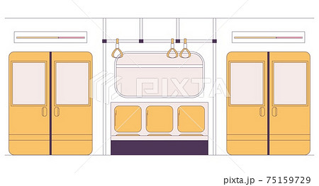 Metro or subway train car interior drawn in yellow flat style. Nobody inside. Isolated on white scene 75159729