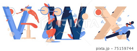 Vector sport letters collection with woman characters during training. V for vaulting table jump, W for weightlifting, X for xingyiquan martial art. Isolated on white background concept alphabet Vector sport letters collection with woman characters during training. V for vaulting table jump, W for weightlifting, X for xingyiquan martial art. Isolated on white background concept alphabet 75159744