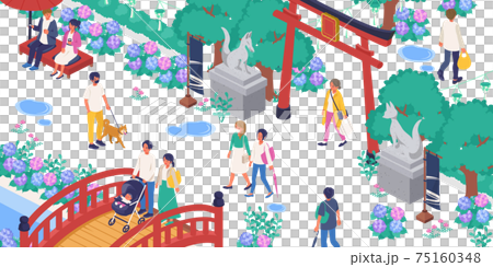 Vector illustrations (isometric, isometric) of hydrangea-blooming shrines and people's living landscapes (cityscape, townscape) 75160348