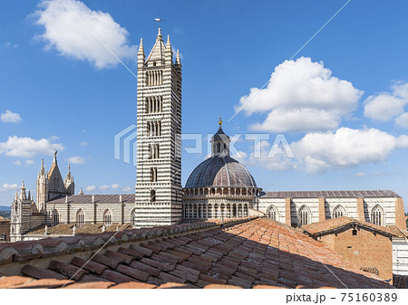 The roof, tower, and dome of the medieval church Siena Cathedral (Duomo di Siena) in Siena, Italy The roof, tower, and dome of the medieval church Siena Cathedral (Duomo di Siena) in Siena, Italy 75160389