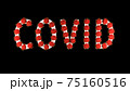 White text covid with red molecules of covid-19 on it on black background. 75160516