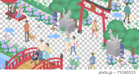 Vector illustrations (isometric, isometric) of hydrangea-blooming shrines and people's living landscapes (cityscape, townscape) 75160523