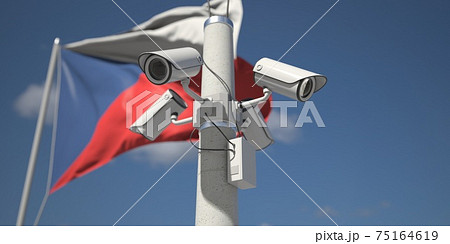 Security cameras near flag of the Czech Republic, 3d rendering 75164619