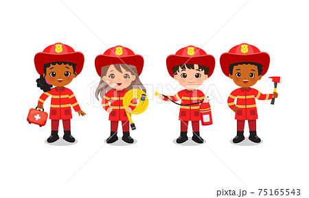 Fire fighter team pose with safety tools. Boy and girl in cute red uniform. Flat vector cartoon design isolated 75165543