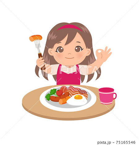 Cute girl eating breakfast with hand showing... - Stock Illustration  [75165546] - PIXTA