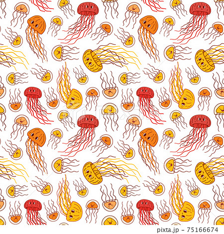 Seamless endless repeat pattern of colorful outline vector doodle cartoon jellyfish. Sea jelly is happy, has good emotion and long tentacles. Animals are isolated on white background. Seamless endless repeat pattern of colorful outline vector doodle cartoon jellyfish. Sea jelly is happy, has good emotion and long tentacles. Animals are isolated on white background. 75166674