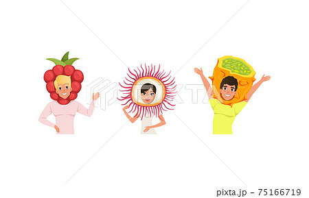 Smiling People in Fruit Headdress, Happy Persons Wearing Kiwano, Raspberry, Rambutan Headgears Cartoon Vector Illustration 75166719
