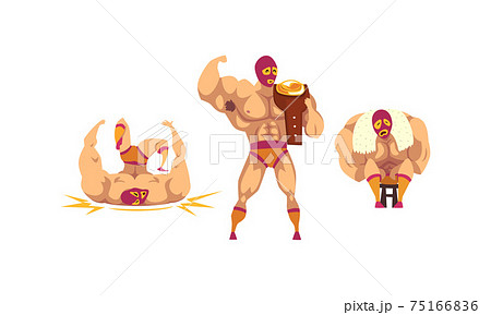 Set of Masked Mexican Wrestlers, Battle Acrobat Fighters, Lucha Libre Cartoon Vector Illustration 75166836