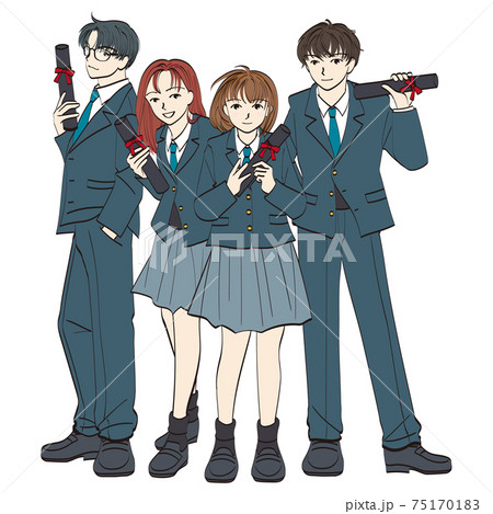 卒業証書を持って微笑む女子高生と男子学生のイラスト素材