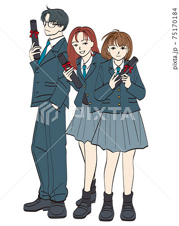 卒業証書を持って微笑む女子高生と男子学生のイラスト素材