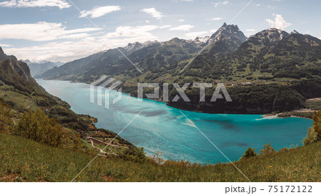 Beautiful high angle view over lake Walen in Sankt Gallen Switzerland 75172122