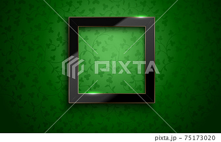 Vector square glossy luxury black and golden line frame on green floral pattern background. Trefoil silk shamrock green cloth for St. Patrick day with border glass frame with reflection gold edge 75173020