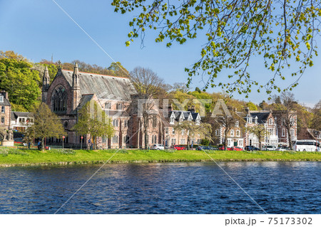 Inverness city with street of historic buildings closed river Ness in Scotland, United Kingdom of Great Britain and Northern Ireland 75173302