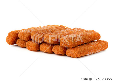 Fish fingers on a white background. Frozen fish fingers close-up. 75173355