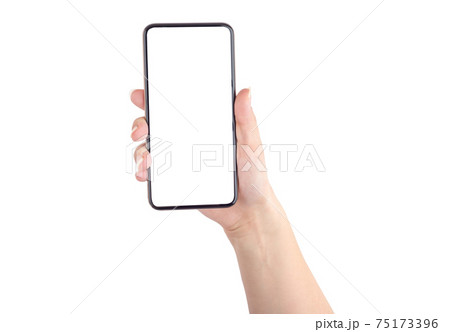 Smartphone with a blank white screen. New popular smartphone in hand on white background. 75173396