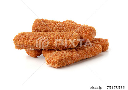 Fish fingers on a white background. Frozen fish fingers close-up. Fish fingers on a white background. Frozen fish fingers close-up. 75173536