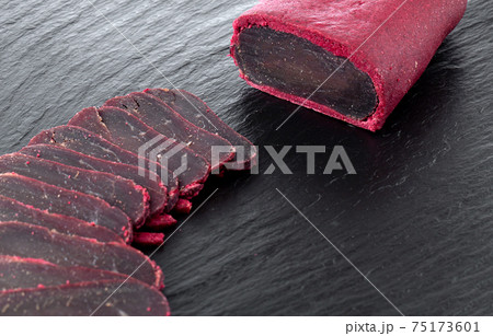 Cured meat on a slate board. Close-up of basturma sliced into pieces. Cured meat on a slate board. Close-up of basturma sliced into pieces. 75173601