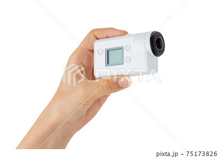 Portable video camera on a white background. Action camera close up. Portable video camera on a white background. Action camera close up. 75173826