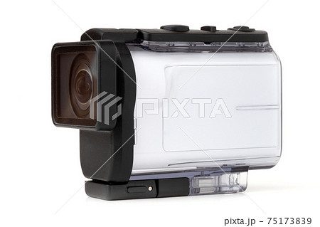 Portable video camera on a white background. An action camera in a protective case close-up. Portable video camera on a white background. An action camera in a protective case close-up. 75173839