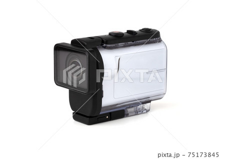 Portable video camera on a white background. An action camera in a protective case close-up. 75173845