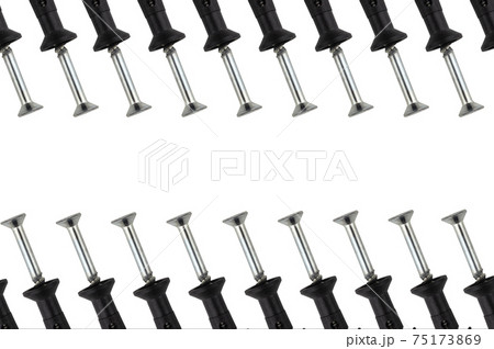 The self-tapping screw on a white background. Self-tapping screw and dowel close-up. 75173869