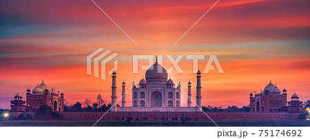 Taj Mahal ivory white marble mausoleum in the Indian city of Agra, Uttar Pradesh, India, Taj Mahal beautiful landmark, Symbol of love, India. 75174692