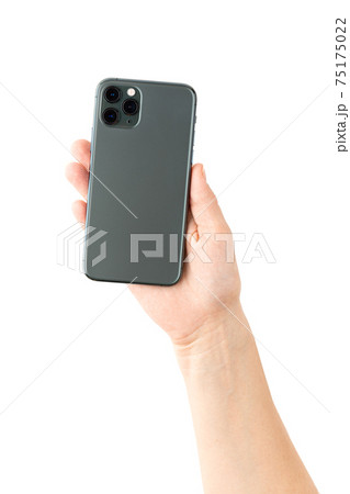 Smartphone with three cameras in hand on a white background. 75175022