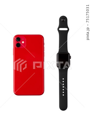 Smartphone with three cameras and a smart watch on a white background. Smartphone with three cameras and a smart watch on a white background. 75175031