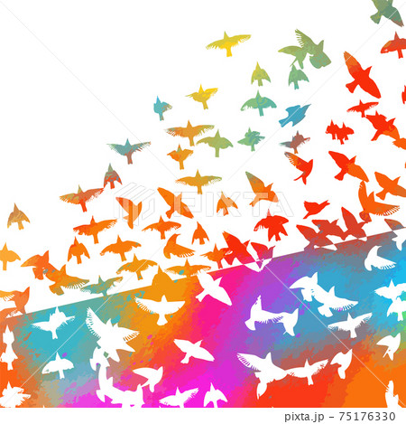 Bird watercolor. A flock of colorful birds. Mixed media. Vector illustration 75176330