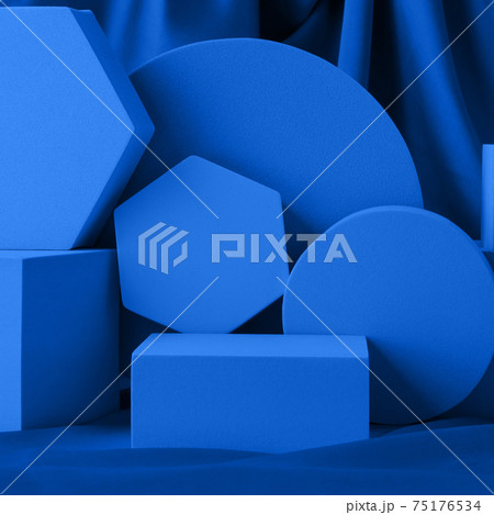 Geometric shapes night blue stand podium mockup for product display on silk background Geometric shapes night blue stand podium mockup for product display on silk background 75176534
