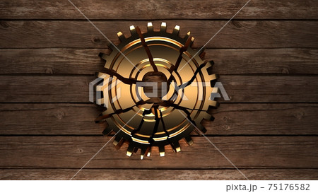 Old vintage frame from rusty gears. The gold gear is cracked. Teamwork 75176582