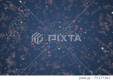 Ombitasvir molecule. Ball-and-stick molecular model. Chemistry related 3d rendering Ombitasvir molecule. Ball-and-stick molecular model. Chemistry related 3d rendering 75177361