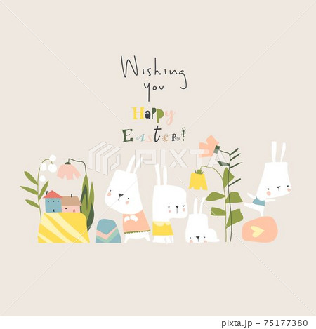 Cartoon Easter illustration with rabbits, flowers and easter eggs 75177380