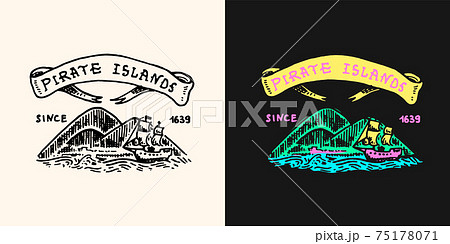 Pirate Treasure Island with Ribbon logo. Marine and nautical or sea, ocean emblem for sticker or t Pirate Treasure Island with Ribbon logo. Marine and nautical or sea, ocean emblem for sticker or t 75178071