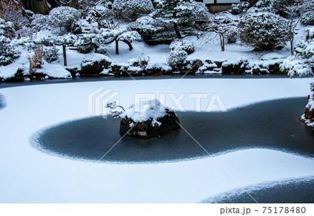 仙台　北山　輪王寺の日本庭園　池の雪模様 75178480