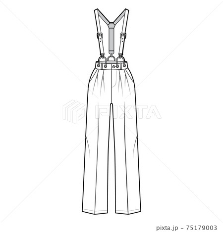 Suspender Pants Dungarees technical fashion illustration with full length, normal waist, high rise, pocket. Flat apparel Suspender Pants Dungarees technical fashion illustration with full length, normal waist, high rise, pocket. Flat apparel 75179003